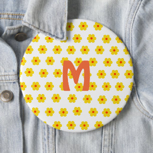 Retro Daisies Yellow Flowers boho Monogramm Button
