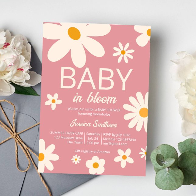Retro daisy Baby in blühender Wüste rosa Babydusch Einladung (Baby in bloom retro groovy boho daisy desert pink baby shower invitation template instant download)