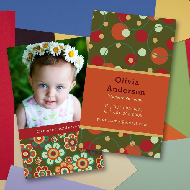 Retro Daisy Bloms and Dots Muster Foto Mommy Telefonnummerkarte (Von Creator hochgeladen)
