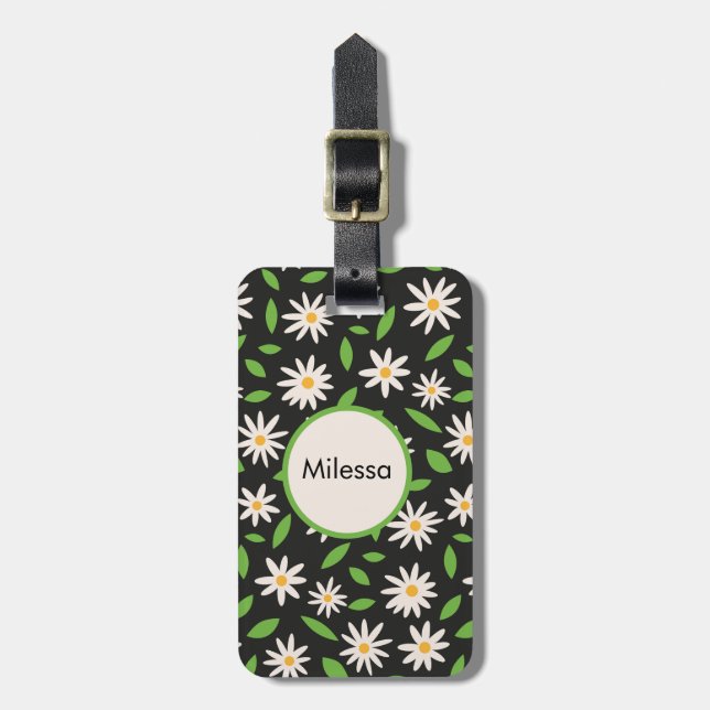 Retro Daisy-Blume auf Schwarz benutzerdefiniert Gepäckanhänger (Vorderseite vertikal)