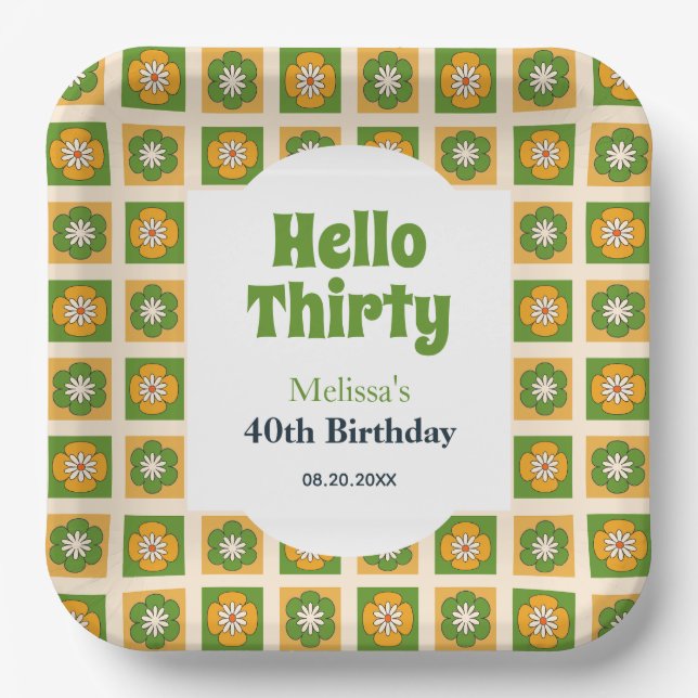 Retro Daisy Blume Checkered Hallo 30 Geburtstag Pappteller (Vorderseite)