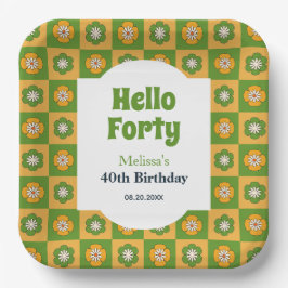 Retro Daisy Blume Checkered Hello 40 Geburtstag Pappteller