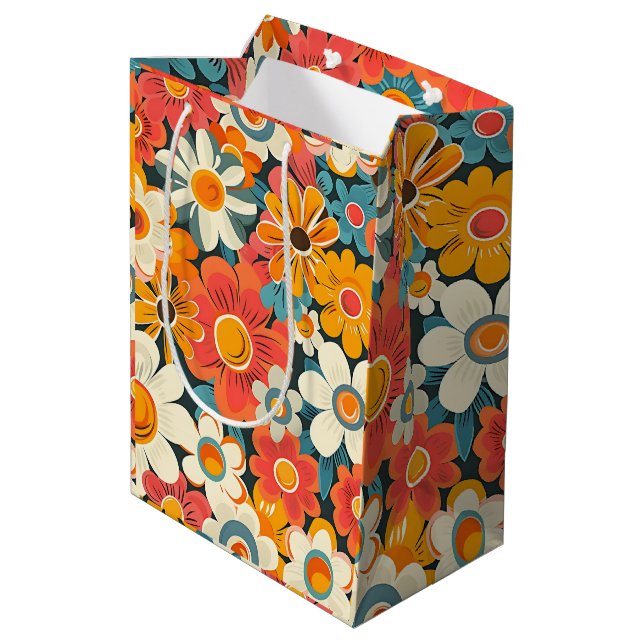 Retro-Daisy-Blumen-Geschenktasche Mittlere Geschenktüte (Rückseite Schrägansicht)