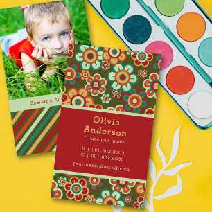 Retro-Daisy-Blüten und Streifen-Muster Foto-Mama Telefonnummerkarte