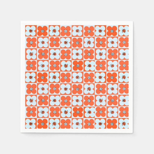 Retro Daisy Boho Checkered Orange Paper Napkin Serviette (Vorderseite)