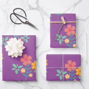 Retro Daisy Bouquet Muster in Lila Geschenkpapier Set