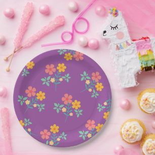 Retro Daisy Bouquet Muster in Lila Pappteller