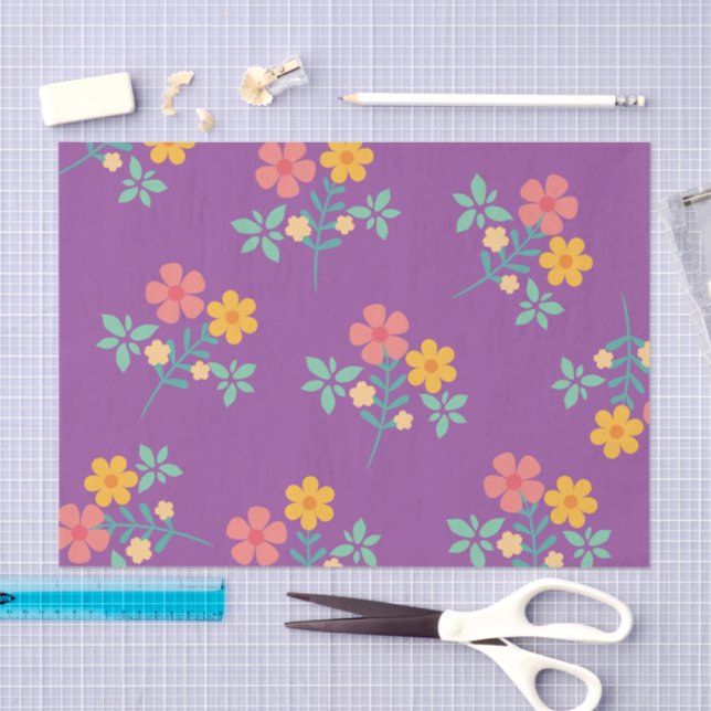 Retro Daisy Bouquet Muster in Lila Seidenpapier (Handwerk)