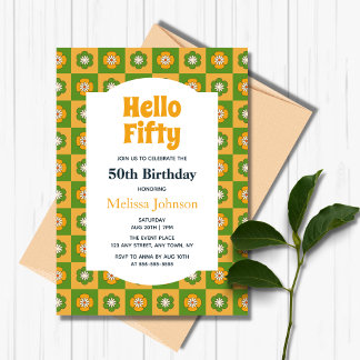 Retro Daisy Floral Checkered Hallo 50 Geburtstag Einladung