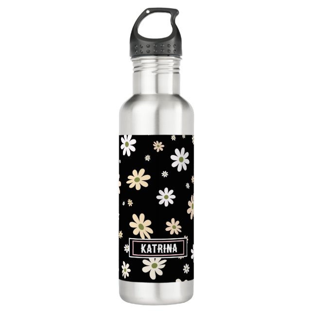 Retro Daisy floral Muster Boho Personalisiert Blac Edelstahlflasche (Vorderseite)