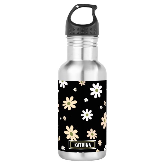 Retro Daisy floral Muster Boho Personalisiert Blac Edelstahlflasche (Vorderseite)