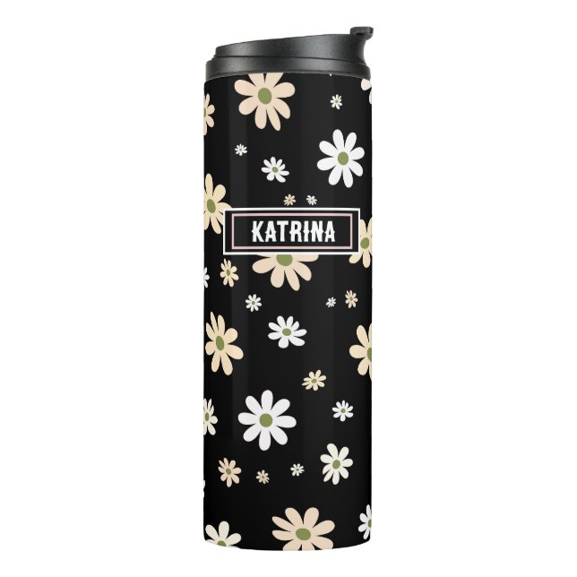 Retro Daisy floral Muster Boho Personalisiert Blac Thermosbecher (Nach links gedreht)