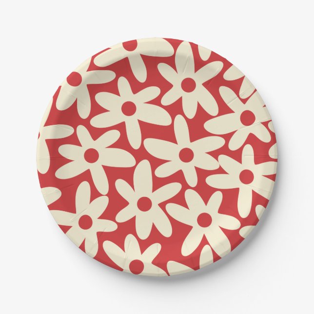 Retro Daisy Floral Muster in Rot und Creme Pappteller (Vorderseite)