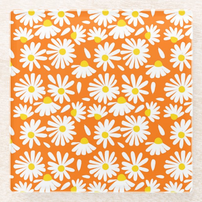 Retro daisy floral: orange Vintag. Glasuntersetzer (Vorderseite)
