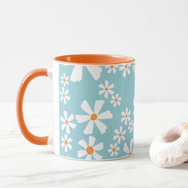Retro Daisy Floral Pattern Coffee Mug Teal  Tasse (Mit Donut)