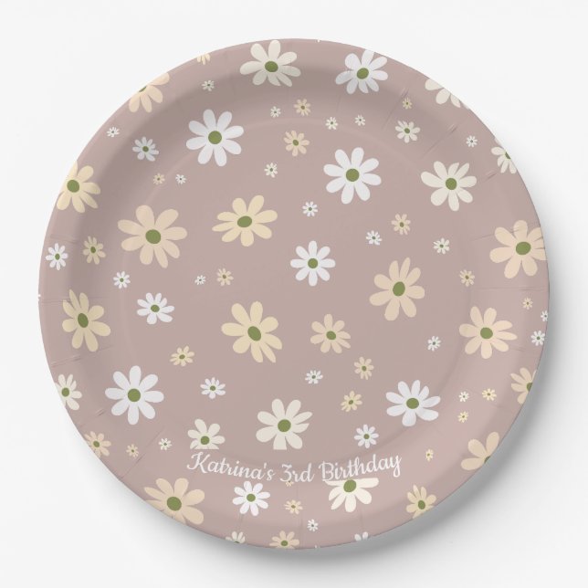 Retro Daisy Floral Pattern Personalisiert Geburtst Pappteller (Vorderseite)