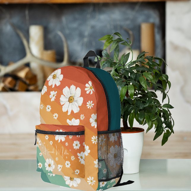 Retro Daisy Floral Rainbow | Monogramm Bedruckter Rucksack (Von Creator hochgeladen)