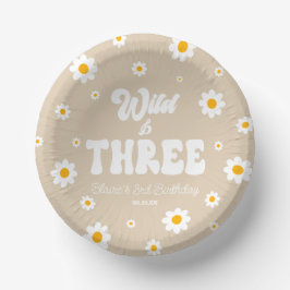 Retro Daisy Flower Wild & Three 3rd Birthday Party Pappteller