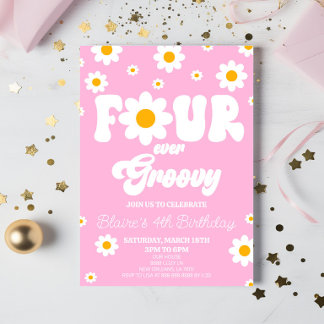 Retro Daisy Four Ever Groovy 4. Geburtstags-Party Einladung