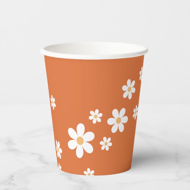 Retro Daisy Groovy verbrannte orangefarbene Papier Pappbecher (Vorderseite)