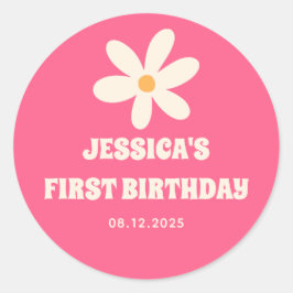 Retro Daisy Hot Pink Kids's 1. Geburtstag Party Runder Aufkleber
