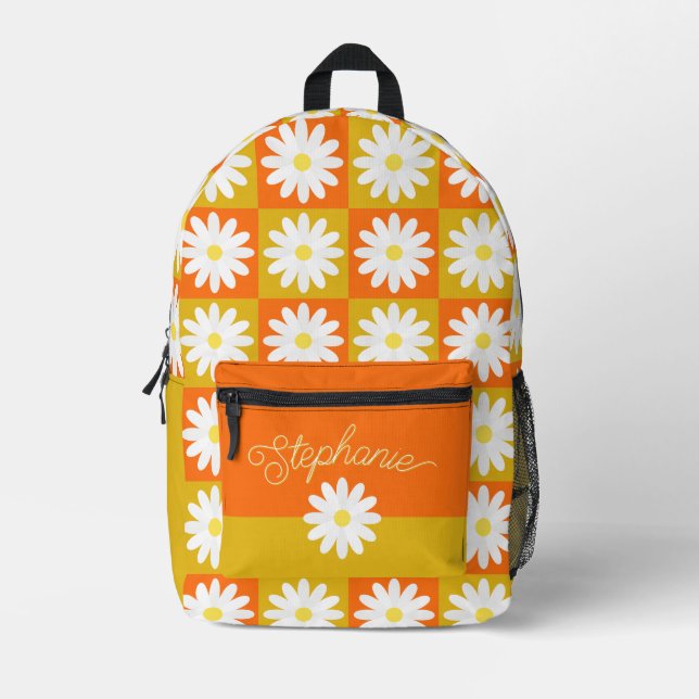 Retro Daisy Individuelle Name Groovy Checkerboard Bedruckter Rucksack (Vorderseite)