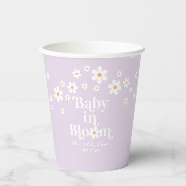 Retro Daisy Lavendel Baby in Bloom Baby Shower Pappbecher (Vorderseite)