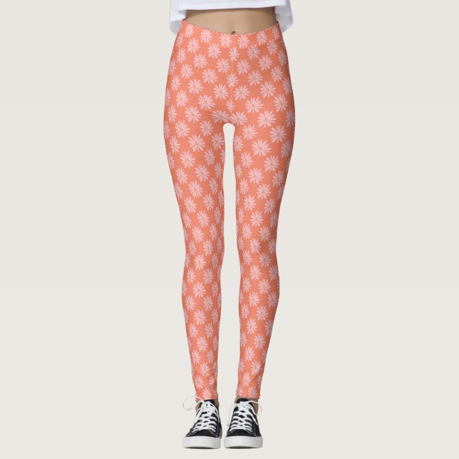 Retro Daisy Muster Coral Peach BOHO Chic Leggings (Vorderseite)