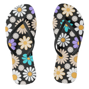 Retro Daisy Muster Simple.01. Black BG Flip Flops