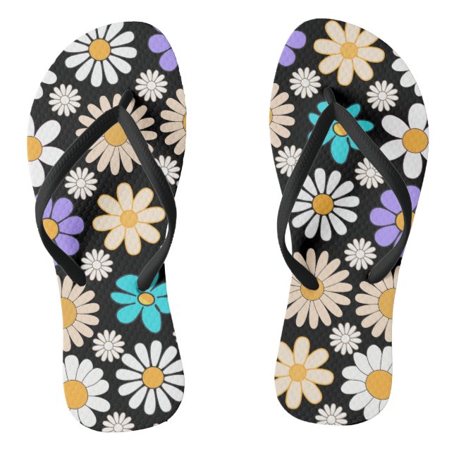 Retro Daisy Muster Simple.01. Black BG Flip Flops (Fußbett)