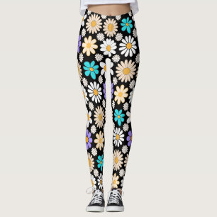 Retro Daisy Muster Simple.01. Black BG Leggings