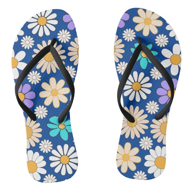 Retro Daisy Muster Simple.01. Blue BG Flip Flops (Fußbett)