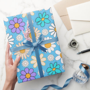Retro Daisy Muster Simple.01. L Blue BG Geschenkpapier