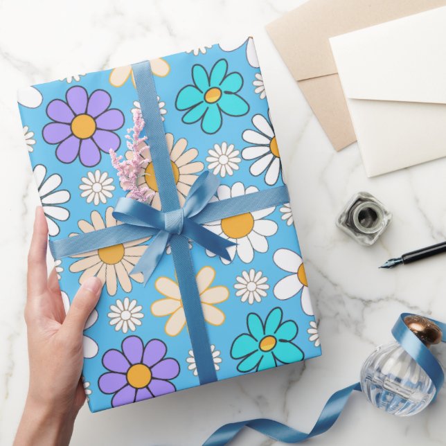 Retro Daisy Muster Simple.01. L Blue BG Geschenkpapier (Schenken)