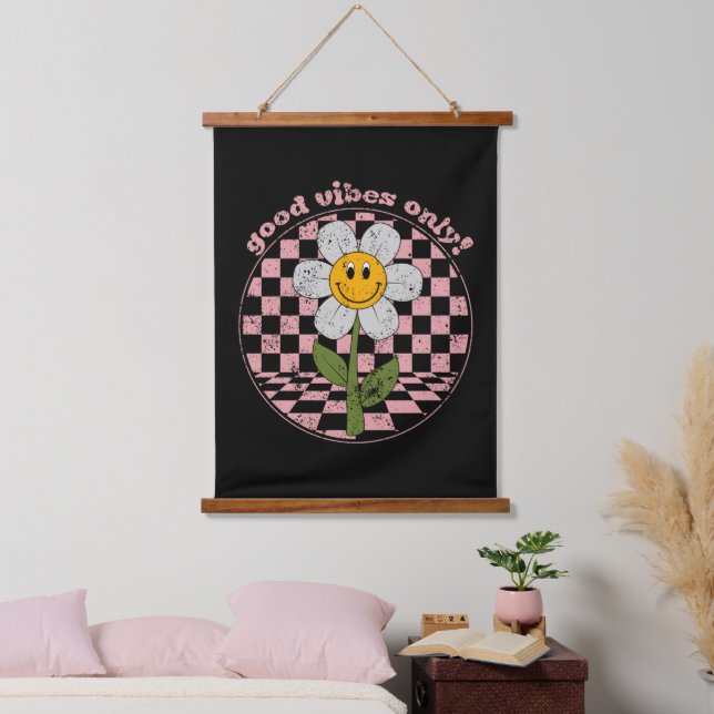 Retro Daisy | Nur gute Vibes Wandteppich Mit Holzrahmen (Schlafzimmer)