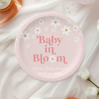 Retro Daisy Pink boho Baby in Bloom Baby Dusche Pappteller