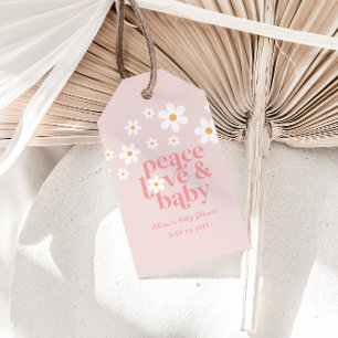 Retro Daisy Pink boho Peace Love Baby Shower Geschenkanhänger