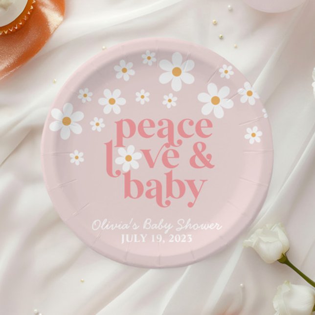 Retro Daisy Pink boho Peace Love Baby Shower Pappteller (Von Creator hochgeladen)