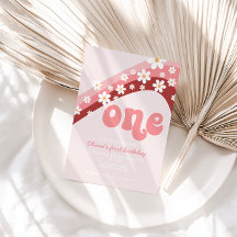 Retro Daisy Pink Rainbow Erster Geburtstag Einladu