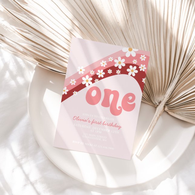 Retro Daisy Pink Rainbow Erster Geburtstag Einladu Einladung (Von Creator hochgeladen)