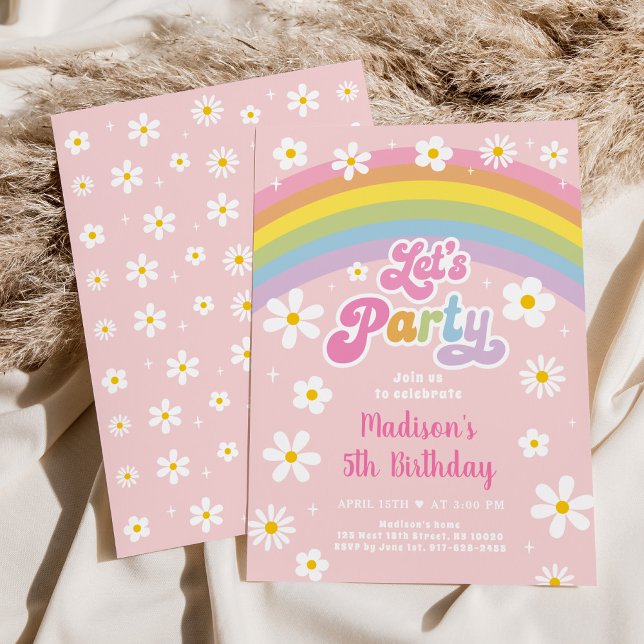 Retro Daisy Rainbow Let's Party Birthday Einladung (Von Creator hochgeladen)