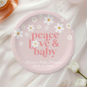Retro Daisy Rosa Boho Frieden Liebe Baby Shower Pappteller