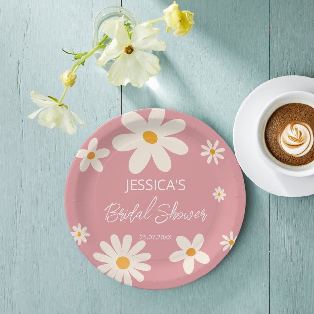 Retro daisy rosa boho wüstenrosa Brautparty Pappteller (Retro daisy pink boho desert pink bridal shower monogrammed customized printed  paper plates)