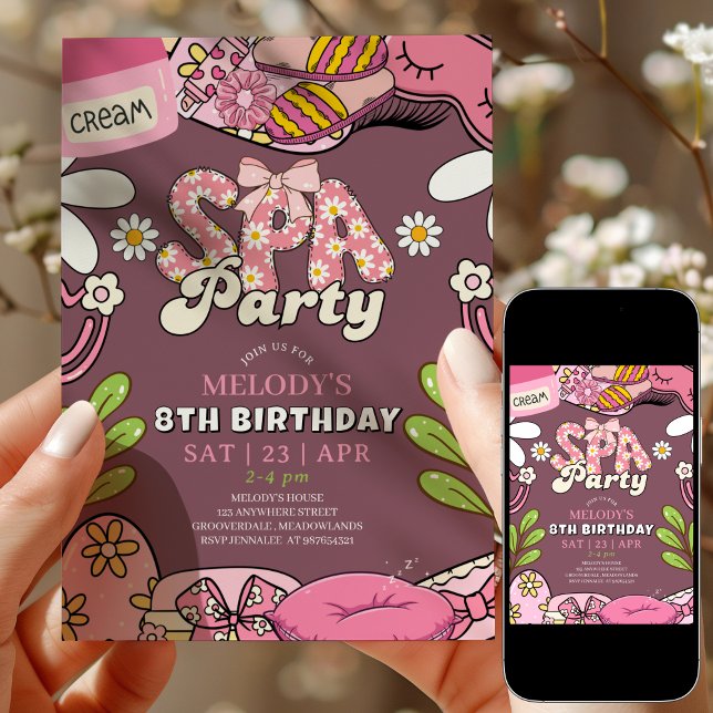 Retro Daisy Spa Party Birthday Invitation Maroon Einladung (Von Creator hochgeladen)
