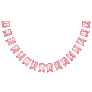 Retro Daisy Sunburst Pink Happy 1. Geburtstag Wimpelkette