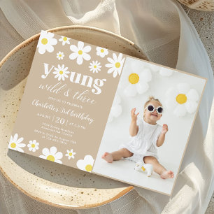 Retro Daisy Three Floral 3. Geburtstags-Foto Einladung