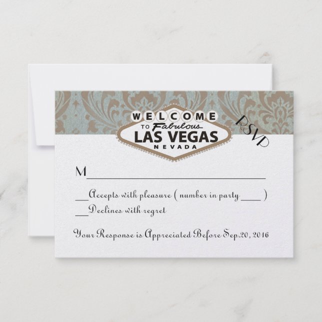 Retro Damask Floral Las Vegas Wedding RSVP Karte (Vorderseite)