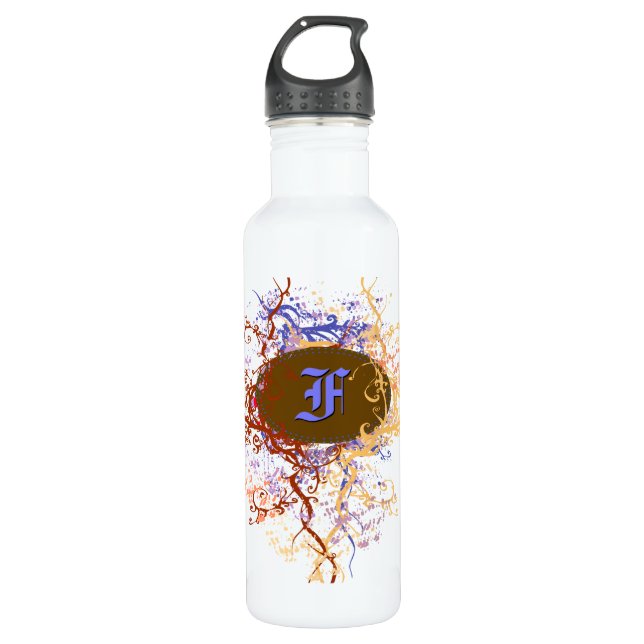 Retro Damask Muster mit Monogramm Letter F Trinkflasche (Vorderseite)