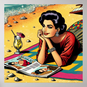 Retro-Dame am Strand, die über Mode tagträumt Poster