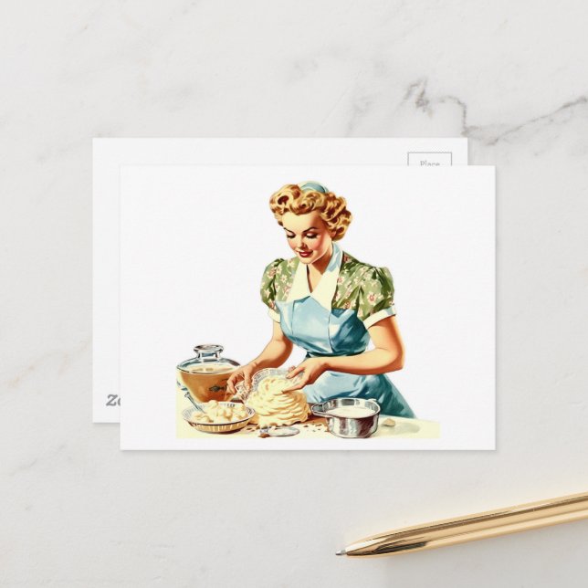 Retro-Dame backt  Postkarte (Vorderseite/Rückseite Beispiel)